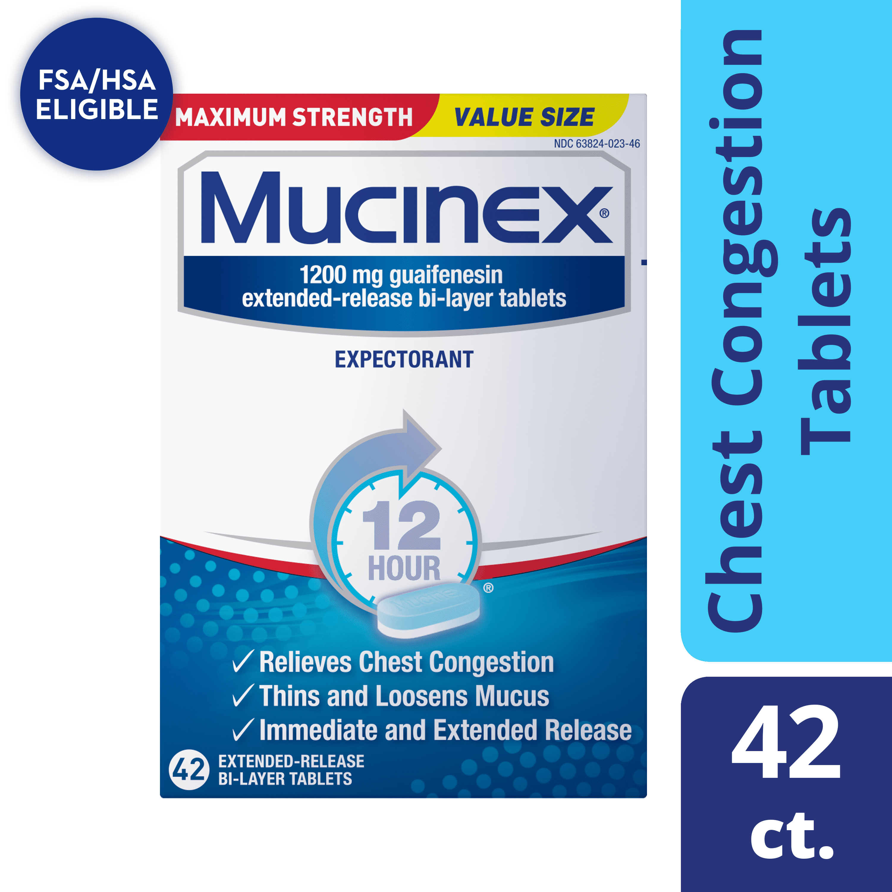 Mucinex Maximum Strength 12 Hour Chest Congestion Expectorant Relief Tablets, 1200 mg, 42 Count, Thins & Loosens Mucus