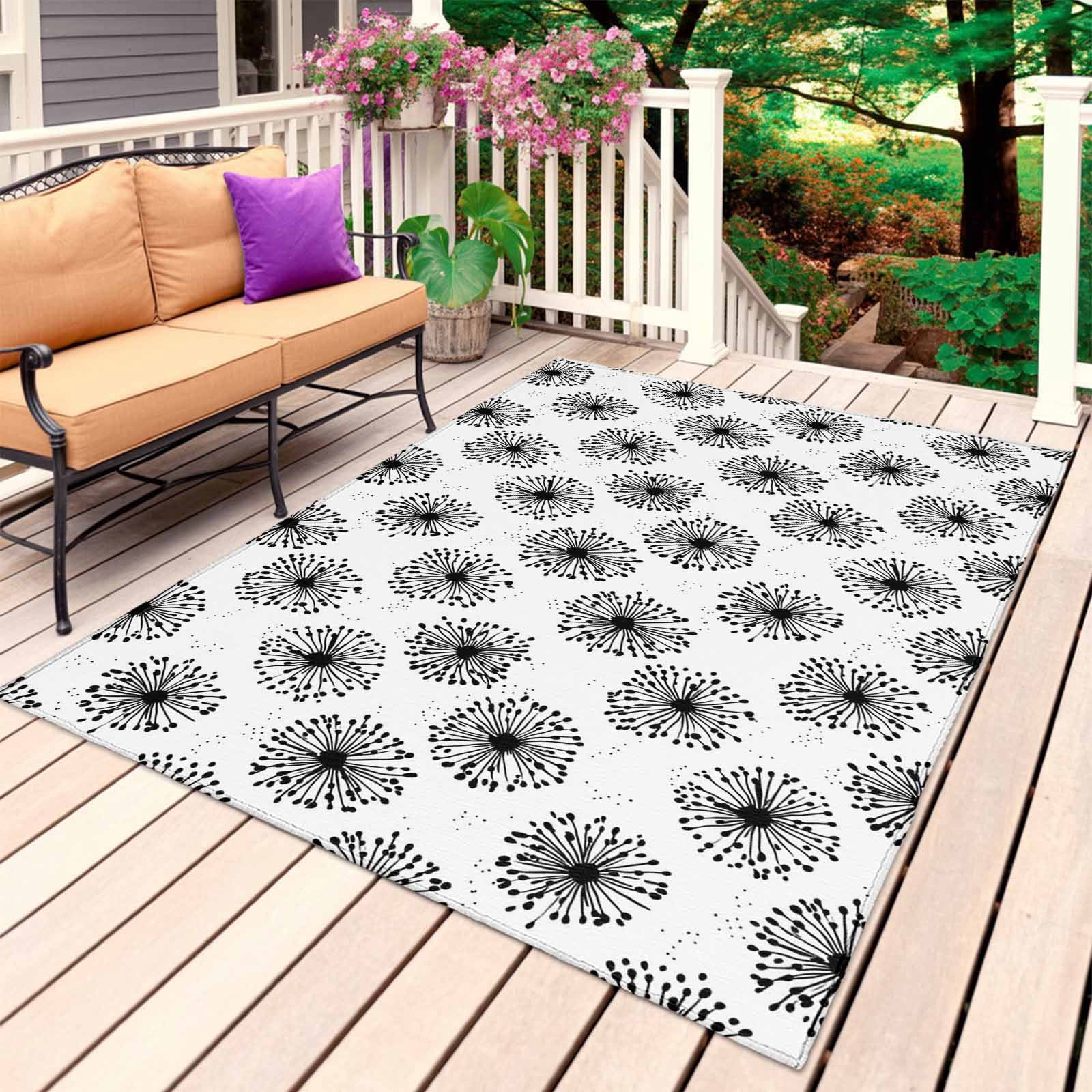 Outdoor Rug 3x5 ft White Dandelion Outdoor Large Area Rug Non Slip Rubber Pastoral Plant Front Door Mat RV Rug Camping Carpet Patio Outdoor Rugs for Backyard Balcony Deck Porch Indoor