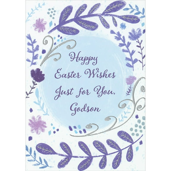 Designer Greetings Large Purple Leaves and Stems Circling Around Light Blue Circle Easter Card for Godson