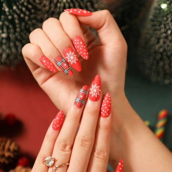 24pcs Christmas Wearable Nail Art - Polka Dots and Snowflakes, Almond - shaped Nail Art with Green Check Pattern