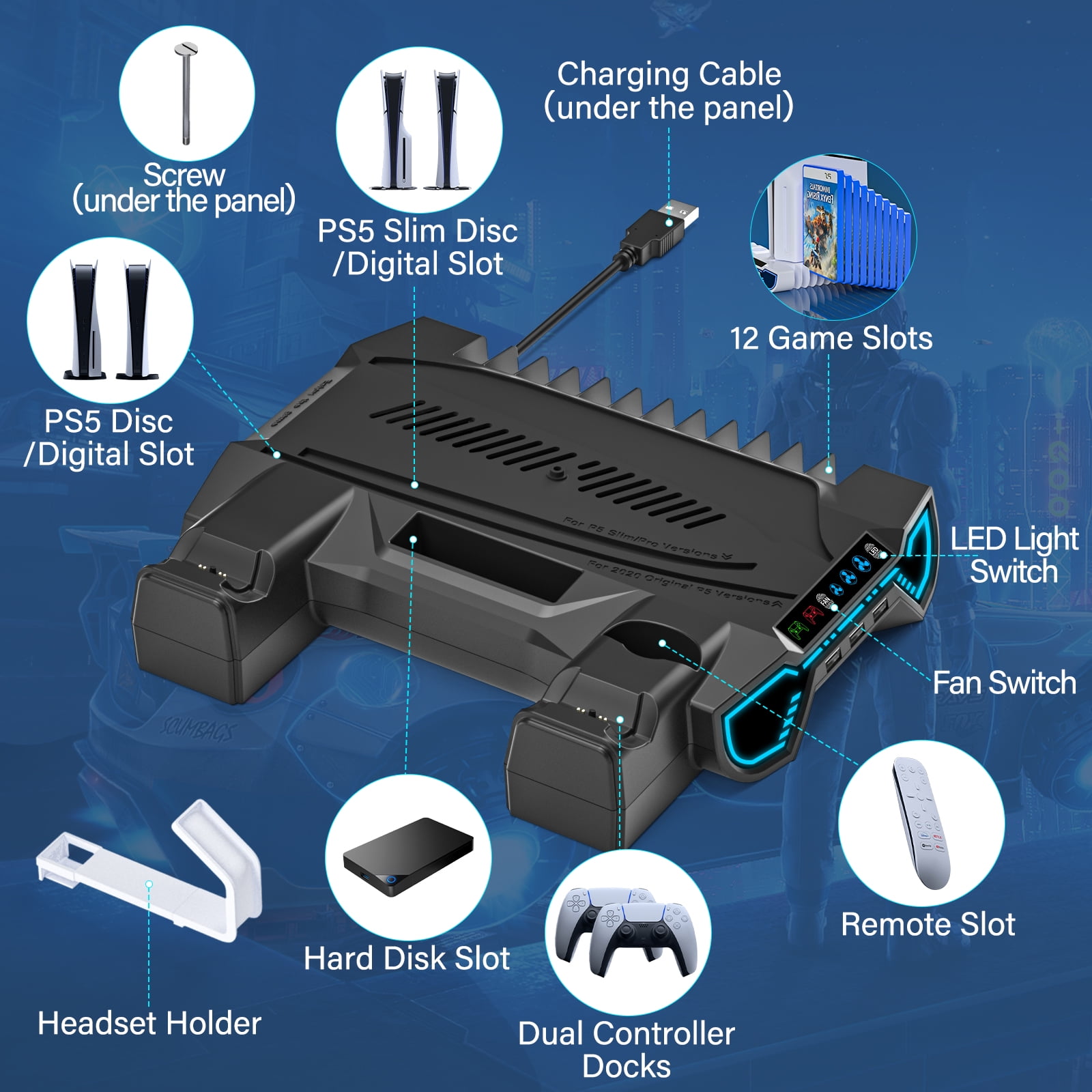 PS5 Stand with Cooling Fan, ZRZLMVP PS5 Cooling Station with Dual Controller Charging Station,PS5 Accessories for PS5 Standard Edition & Slim Edition & Pro Edition consoles - Black