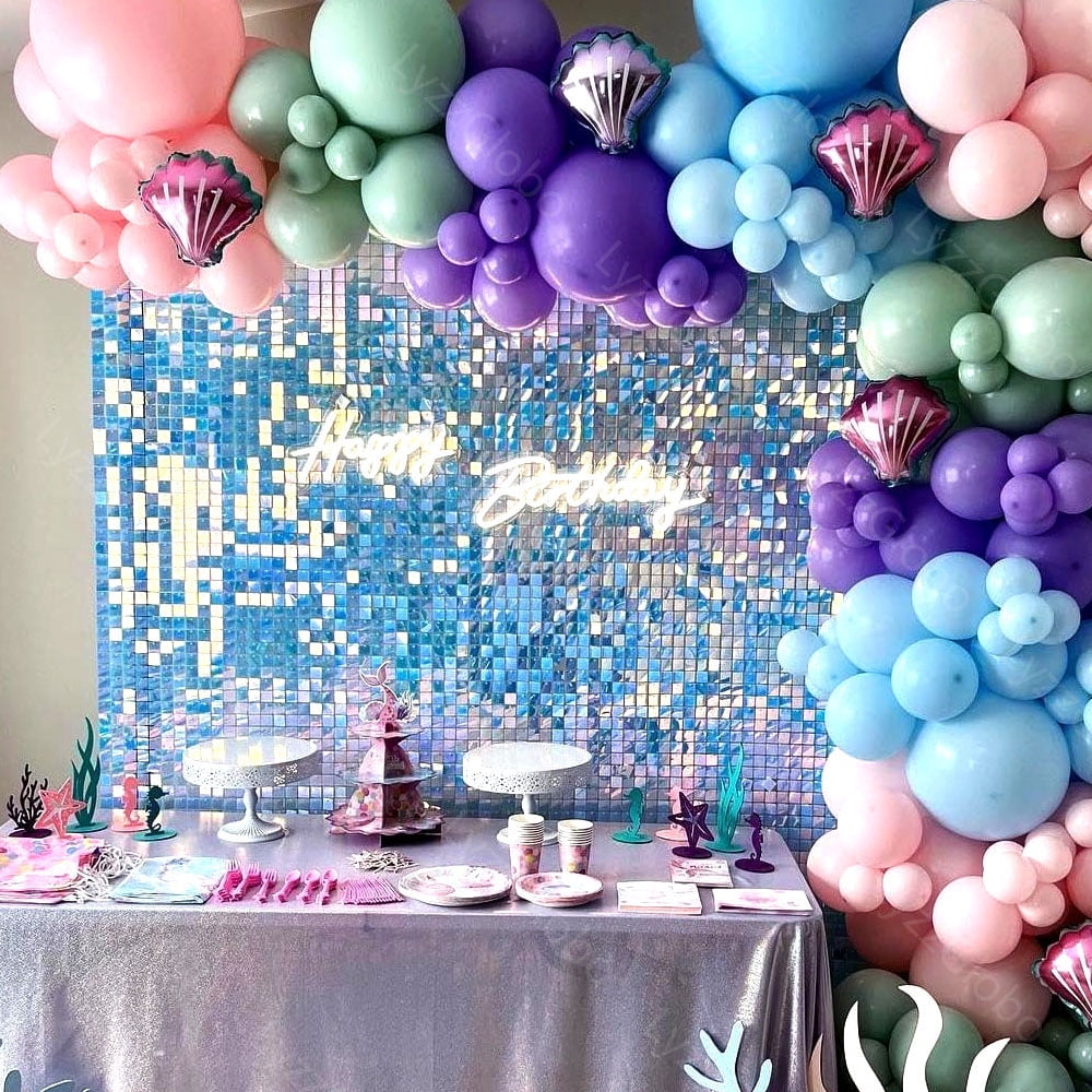 30PCS Iridescent Blue Sequins Wall Panels 6x5FT Holographic Laser Blue Shimmer Backdrop Panel for Birthday Baby Shower Wedding Decor