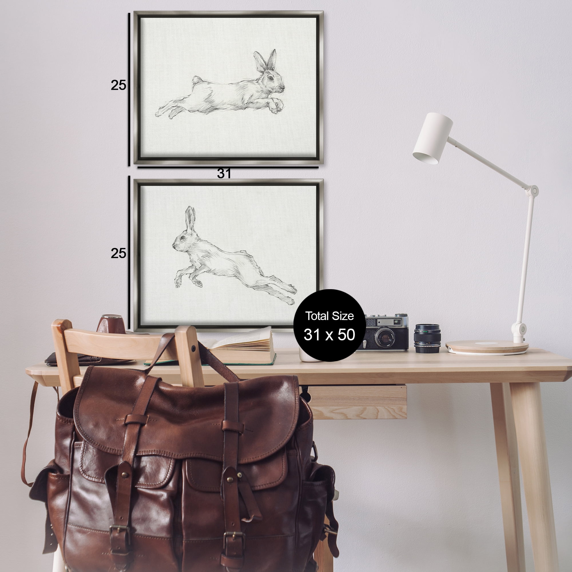 Stupell Industries Pencil Sketch Rabbit Jumping Animals Drawing Gray Floater Framed Canvas Art Print Wall Art, 31 x 25, Set of 2