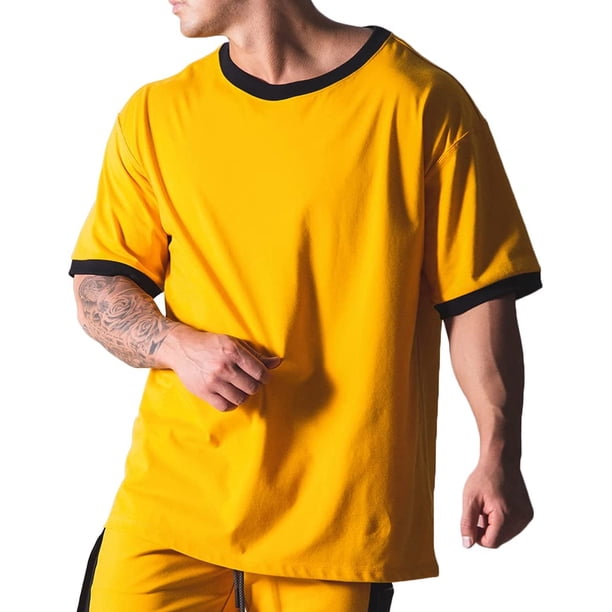 Camisetas de entrenamiento de manga corta de gran tamaño, estilo hipster, holgadas, para gimnasio, baloncesto, hip-hop, estilo callejero, para hombre, T44 Amarillo CH Amarillo CH Xishao ropa