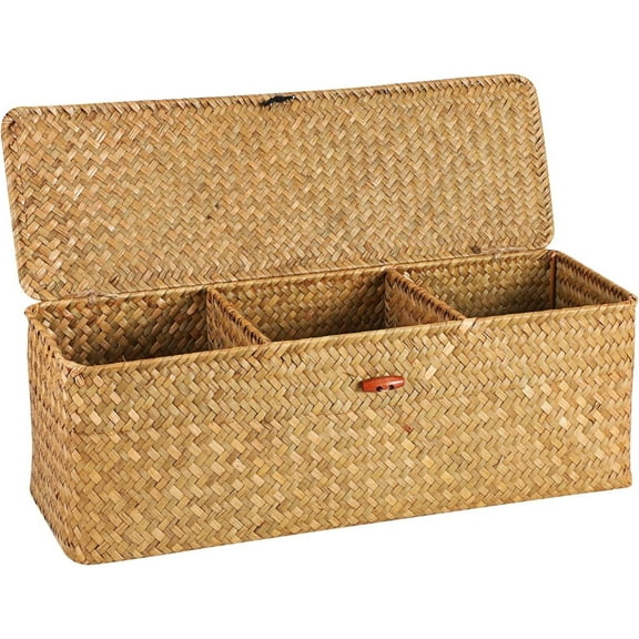 GoXteam 3 Compartment Hand-Woven Wicker Toilet Paper Storage Bin with Lid, Bathroom Organize Basket for Shelves, Kitchen Cabinets, Pantry, Bathroom, Closets, Light Orange