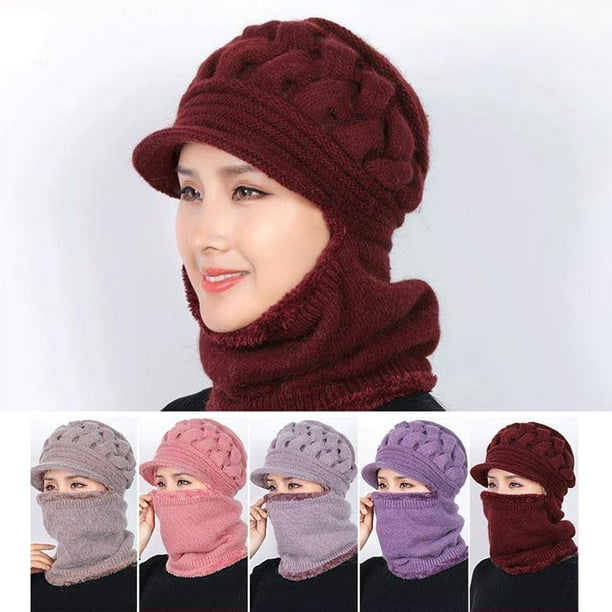 Smilepp Winter Knitted Hat Collar Scarf Earflap Fleece Lined Thick Neck Old  Thermal Bonnet Women Men Outdoor Cycling Riding Pink Pink 