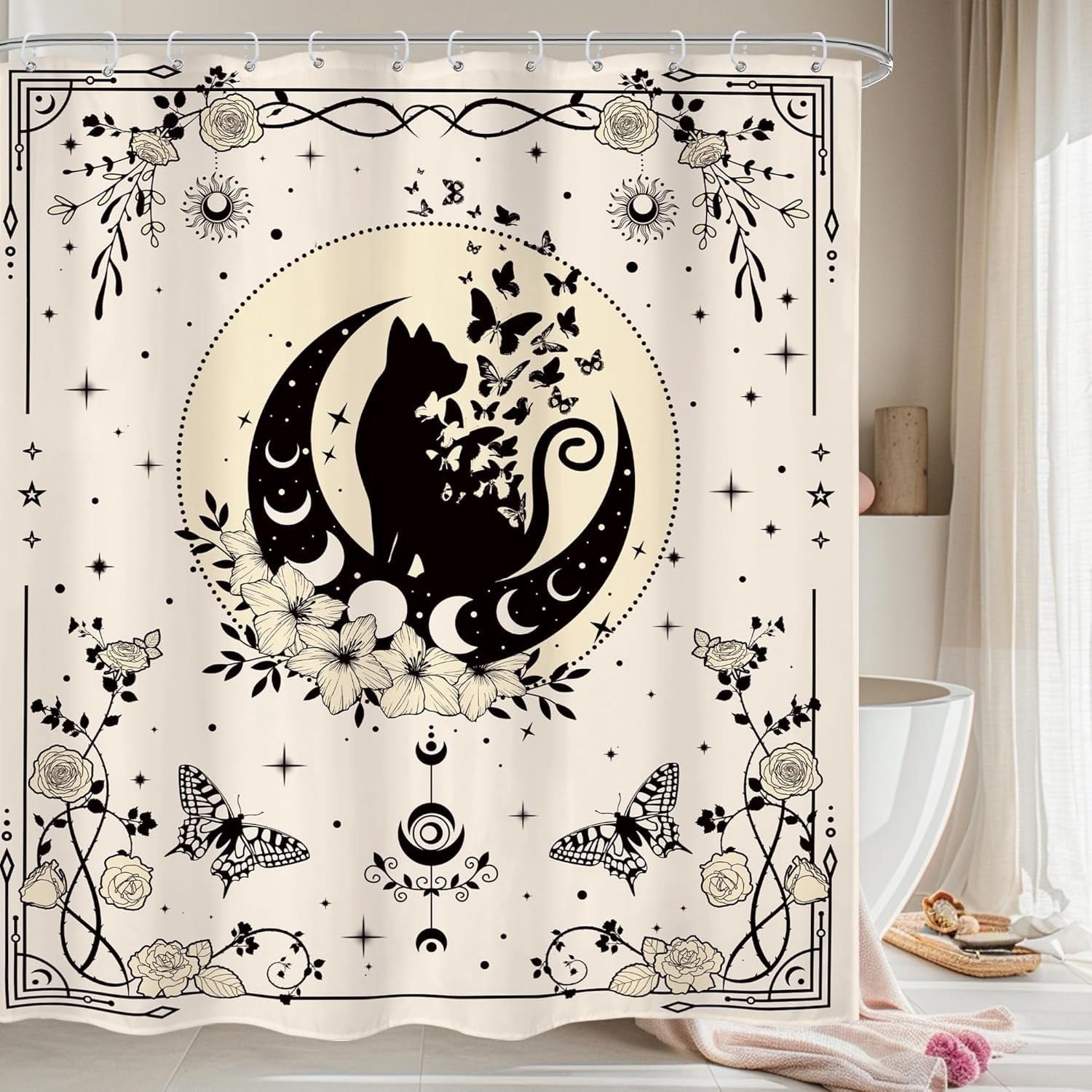 Riyidecor Wildflower Moon Phase Shower Curtain for Bathroom