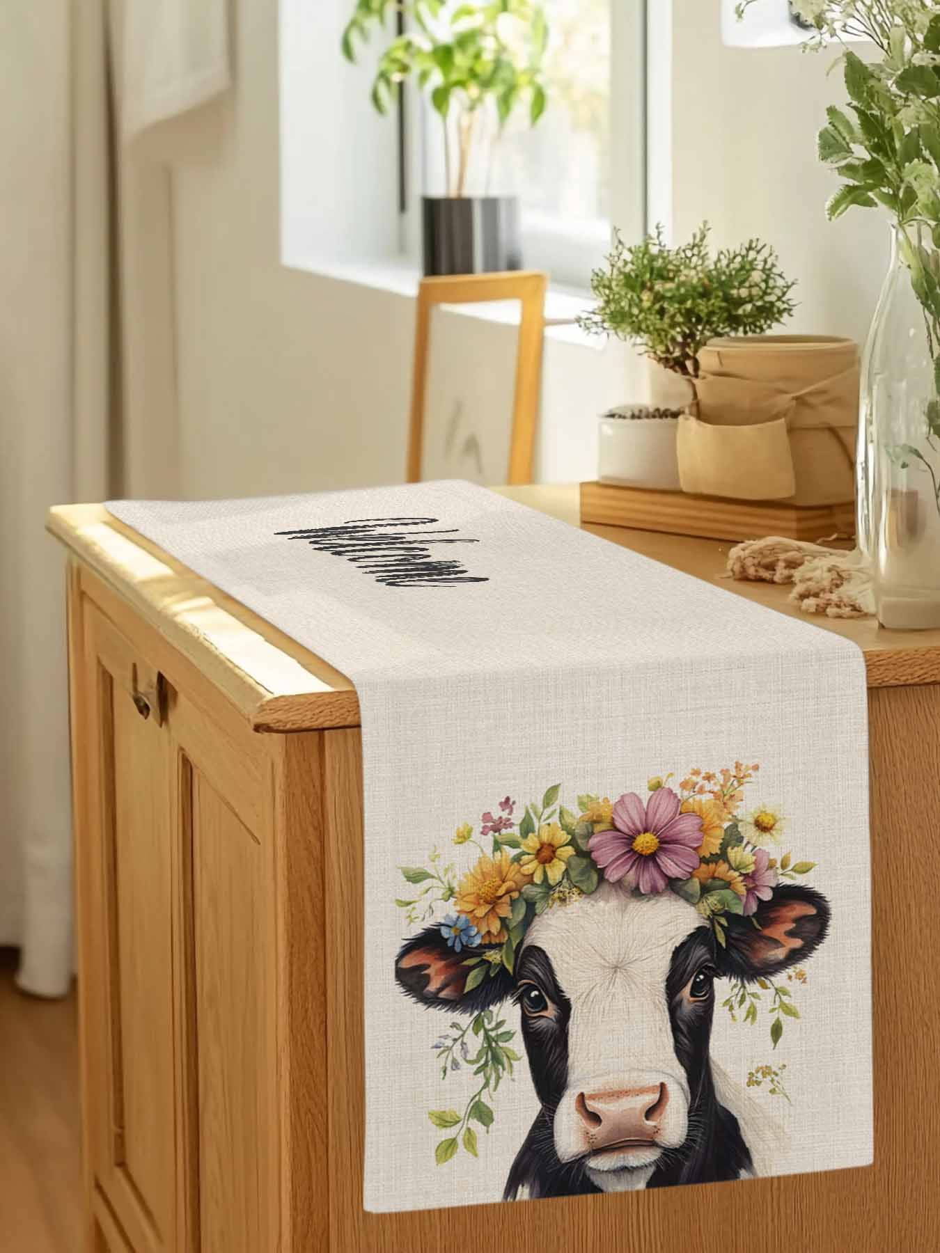 Farmhouse Cow Colorful Garland Table Runner 90 Inches Long, Retro Linen Texture Table Runners Tabletop Scarf Kitchen Dining Tables Decoration for Home Party Indoor Outdoor