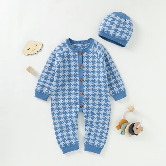 Newborn Baby Romper Cotton Knitted Infant Girls Playsuit Hat 2PCS Toddler Boys Kids Clothing Long Sleeve Autumn Houndstooth Set