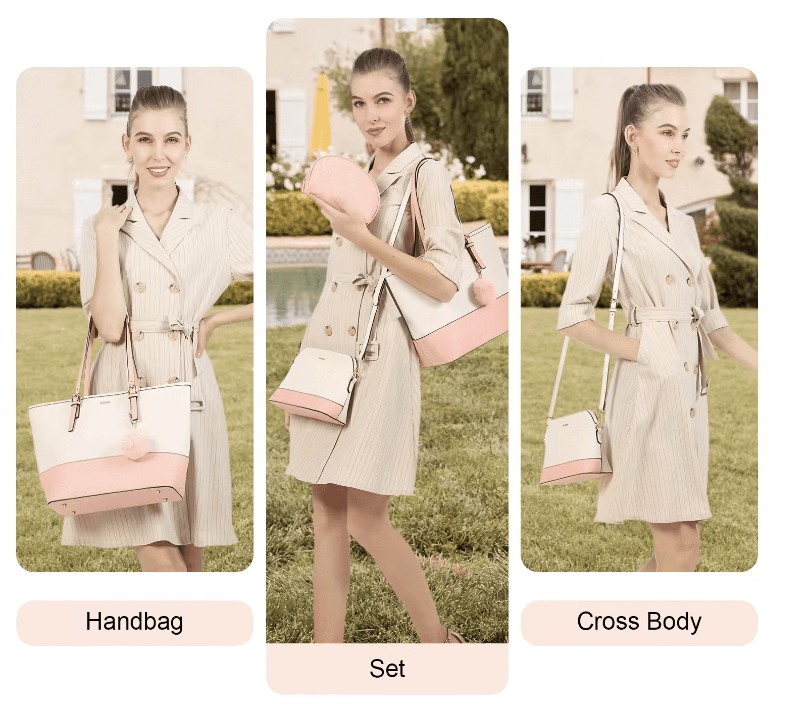 Premium Lux Details 3-Piece Leather Handbag Set for Women – Tote, Crossbody & Wristlet Purse – Elegant Designer Bags for Everyday & Travel Use Color Donut Pink