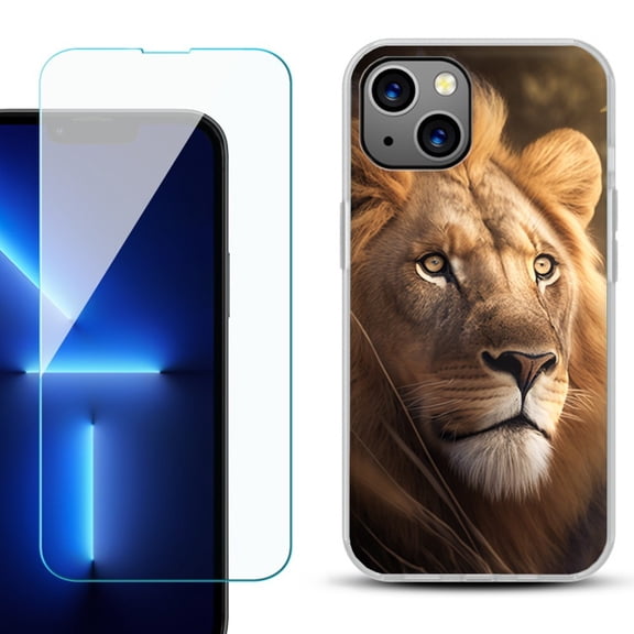 OneToughShield ® for iPhone 13 Shockproof Phone Case, with Tempered Glass Screen Protector - Lion