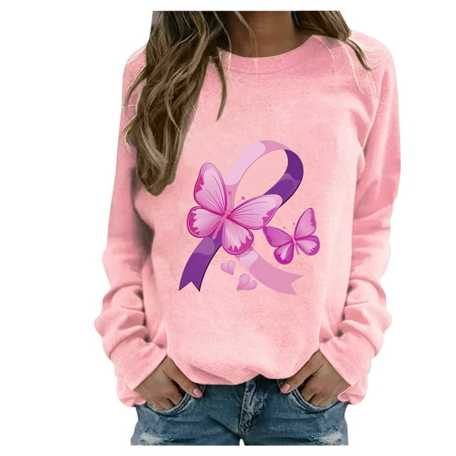 Rbaofujie Chandails Mignons pour Femmes Femmes Mode Décontractée Imprimé Col Rond Ample Manches Longues T-shirt Hauts Blouse Chandails à Capuchon Roses pour Filles