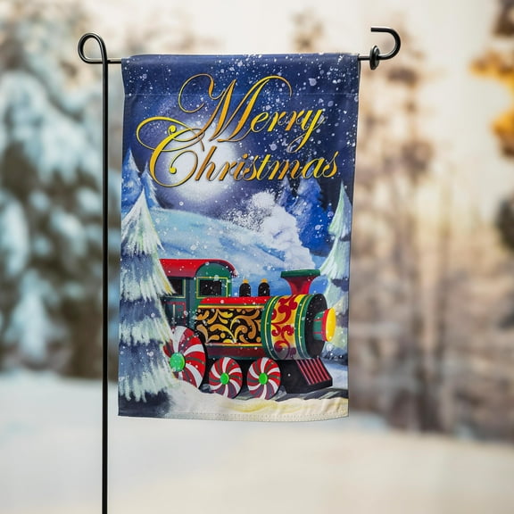 Evergreen Home for the Holiday Train  Garden Flag 12 x 18 Inches Indoor Outdoor Decor