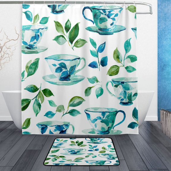 TTYFWHD 60" x 72" Shower Curtain and Bath Mat Set Watercolor Teacups Waterproof Bathroom Curtain with 12 Hooks, Bathroom Decor Set