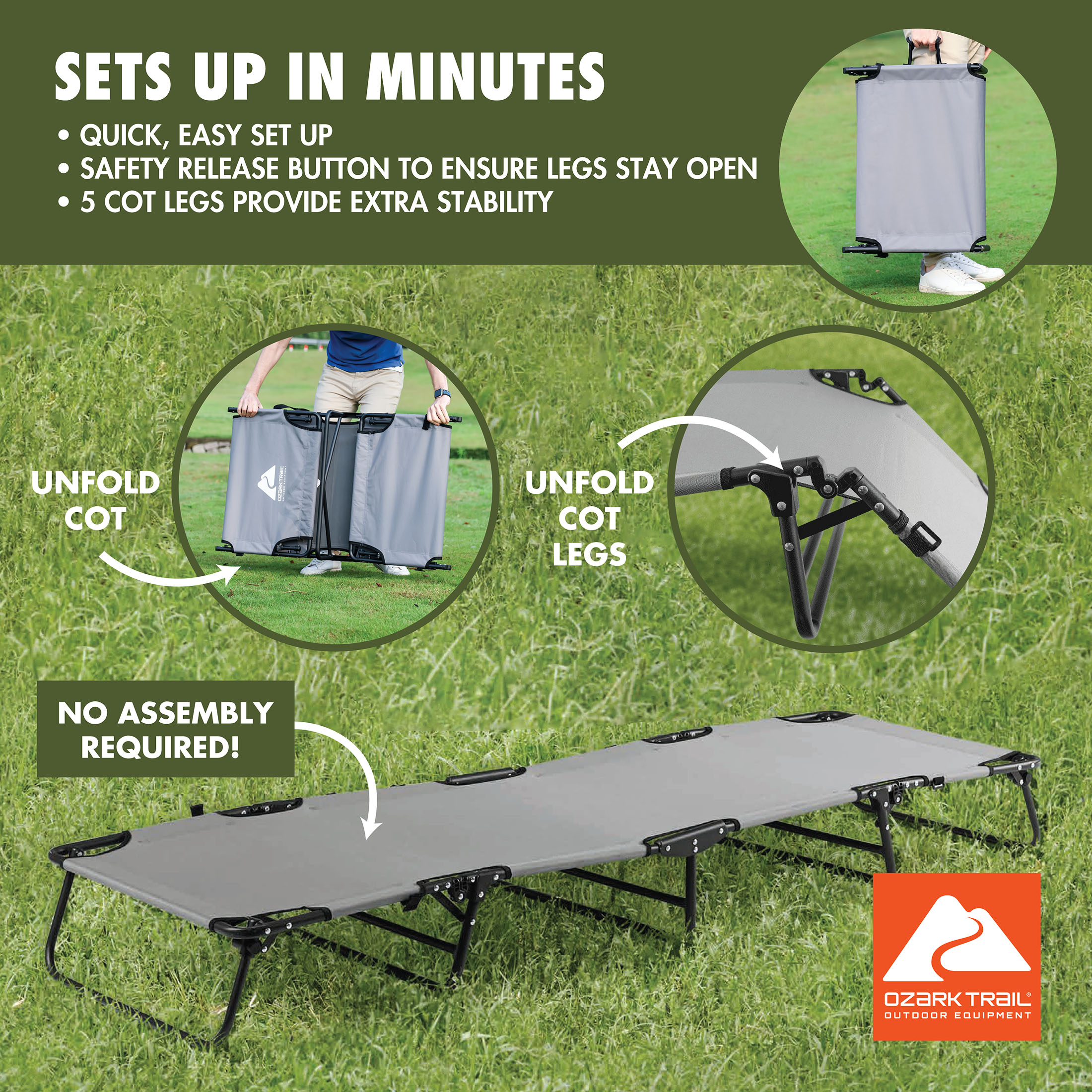 Ozark Trail Folding Camping Cot for Adults, Gray photo 4