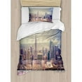thumbnail image 3 of Modern Duvet Cover Set King Size, New York City Usa Landscape from Roof Apartment Balcony Photograph Image, Decorative 3 Piece Bedding Set with 2 Pillow Shams, Grey White and Pink, by Ambesonne, 3 of 3