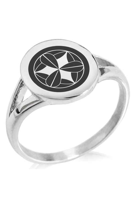 Stainless Steel Takenaka Samurai Crest Minimalist Oval Top Polished Statement Signet Ring