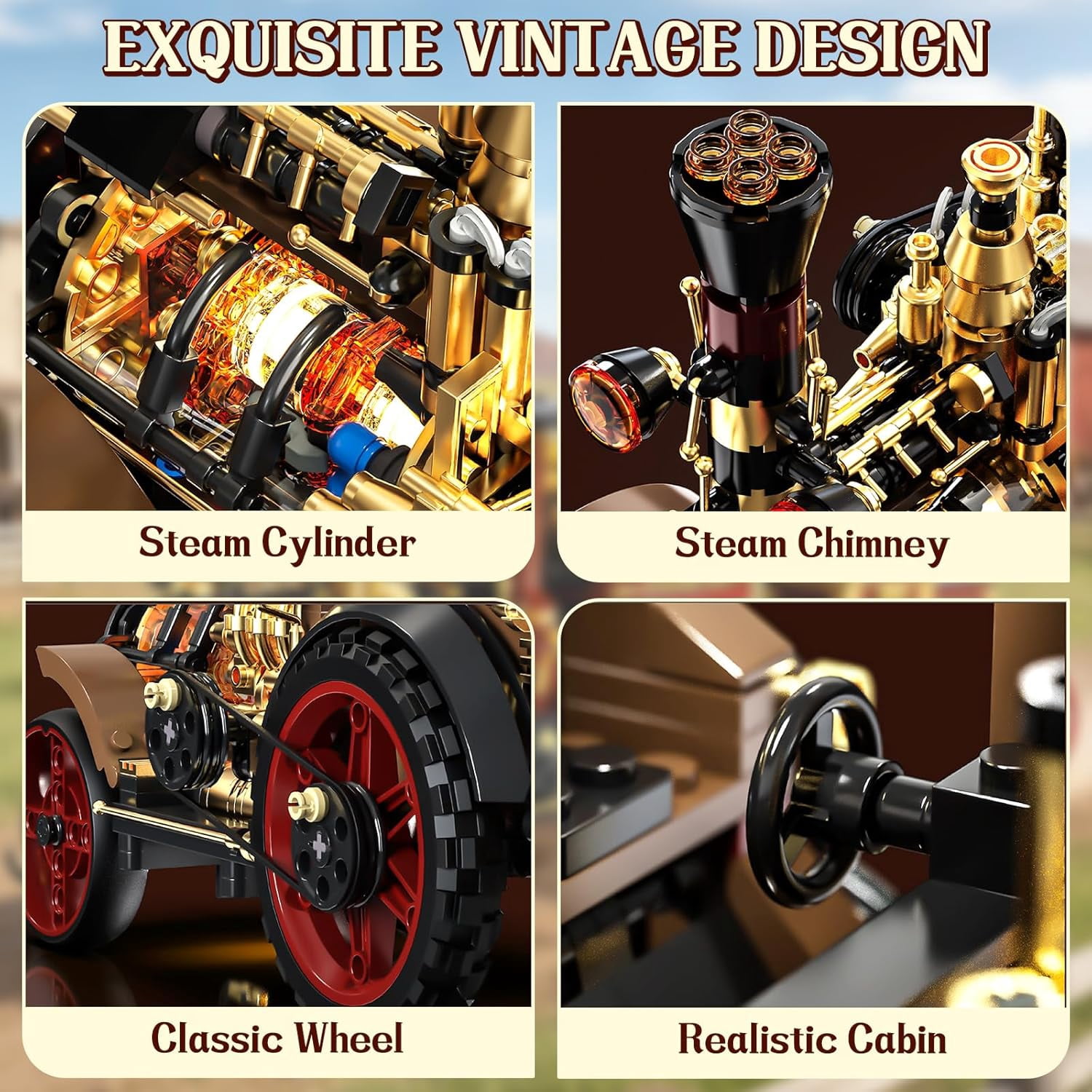 Vintage Car Steam Engine Building Blocks Set with Lights, Western Retro Steam Tractor Locomotive Model Building Kit for Vintage & West Lovers