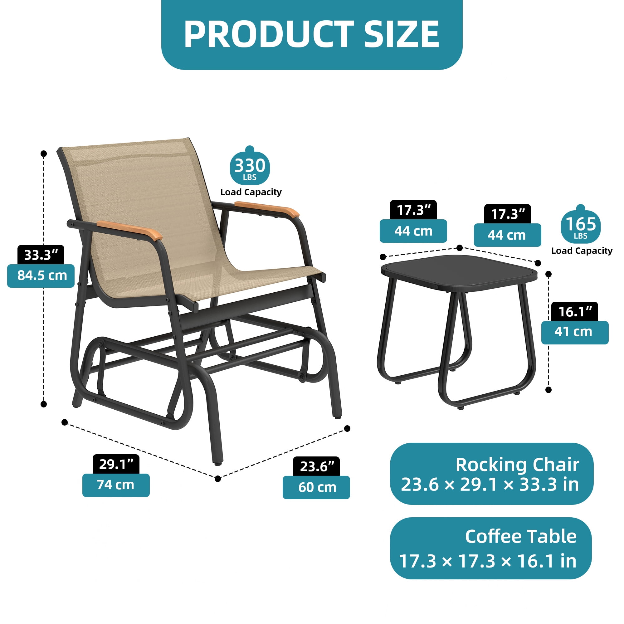 Uforic 3-Piece Patio Furniture Set, Outdoor Textilene Glider Bistro Set with 2 Glider Chairs & Tempered Glass Coffee Table, Heavy Duty Outdoor Seating Set for Backyard, Garden, Balcony, Brown