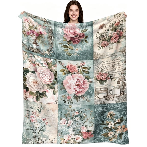 Vintage Shabby Chic Pink Rose, Soft Flannel Fleece, Victorian Pastel Style, Throw Blanket, Cozy Romantic Comfort, Aesthetic Room Decor, Couch Bed All Seasons