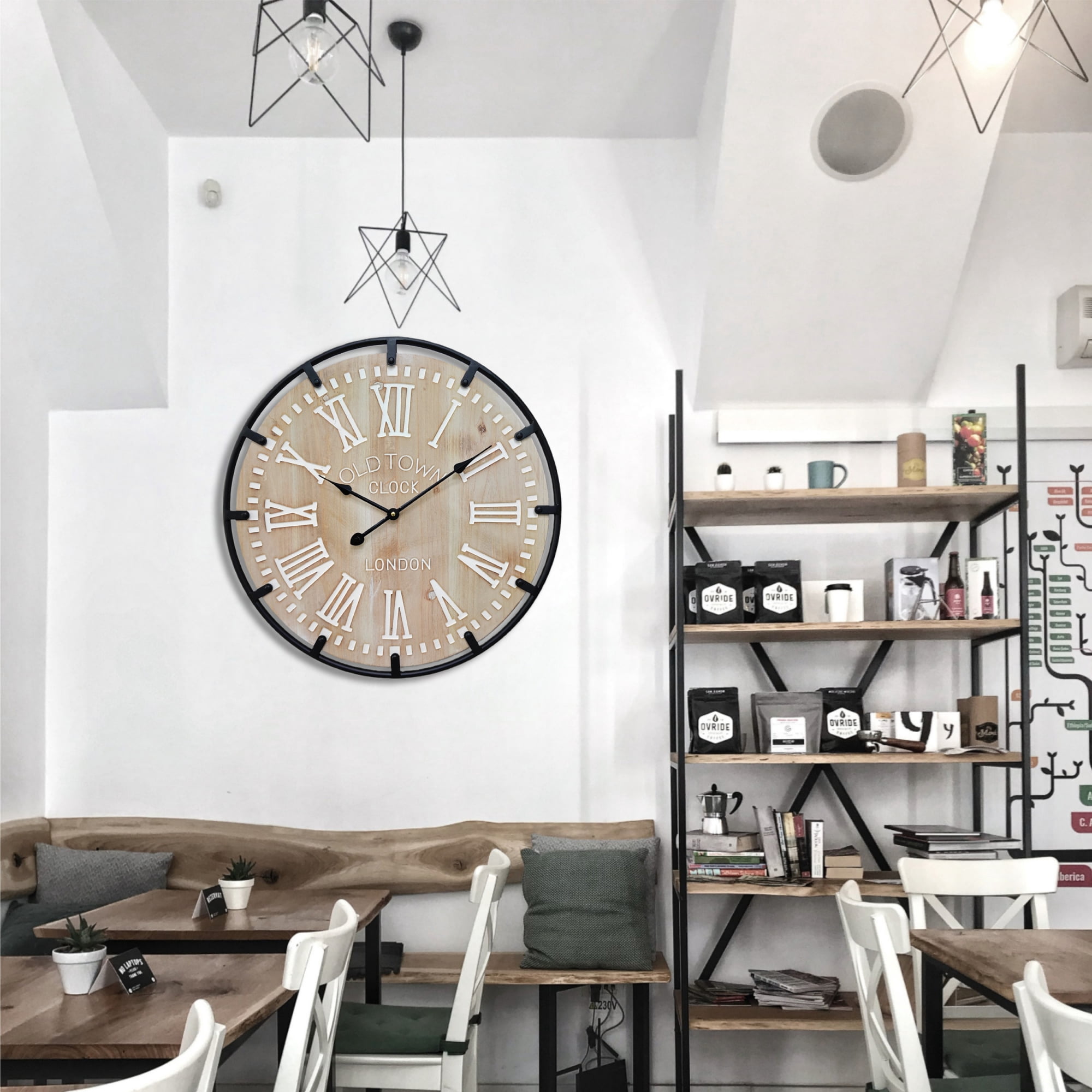 24 Inch Large Metal Frame Farmhouse Rustic Wooden Wall Clock with Engraved Roman Numbers