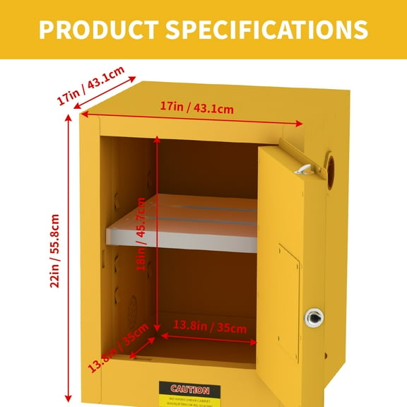 Flammable Storage Cabinet 8 Gallon, Adjustable Thickened Shelf, 22(H) x 17(L) x 17(D)" Yellow Galvanized Steel, Fireproof Liquid Storage, Hazardous Storage Cabinets, Safety Cabinets for Factory Use