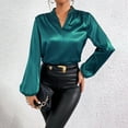 thumbnail image 4 of TFEOQRY Women's Satin Blouse V Neck Long Lantern Sleeve Elegant Workwear Top Loose Office Fashion Shirt Green, 4 of 9