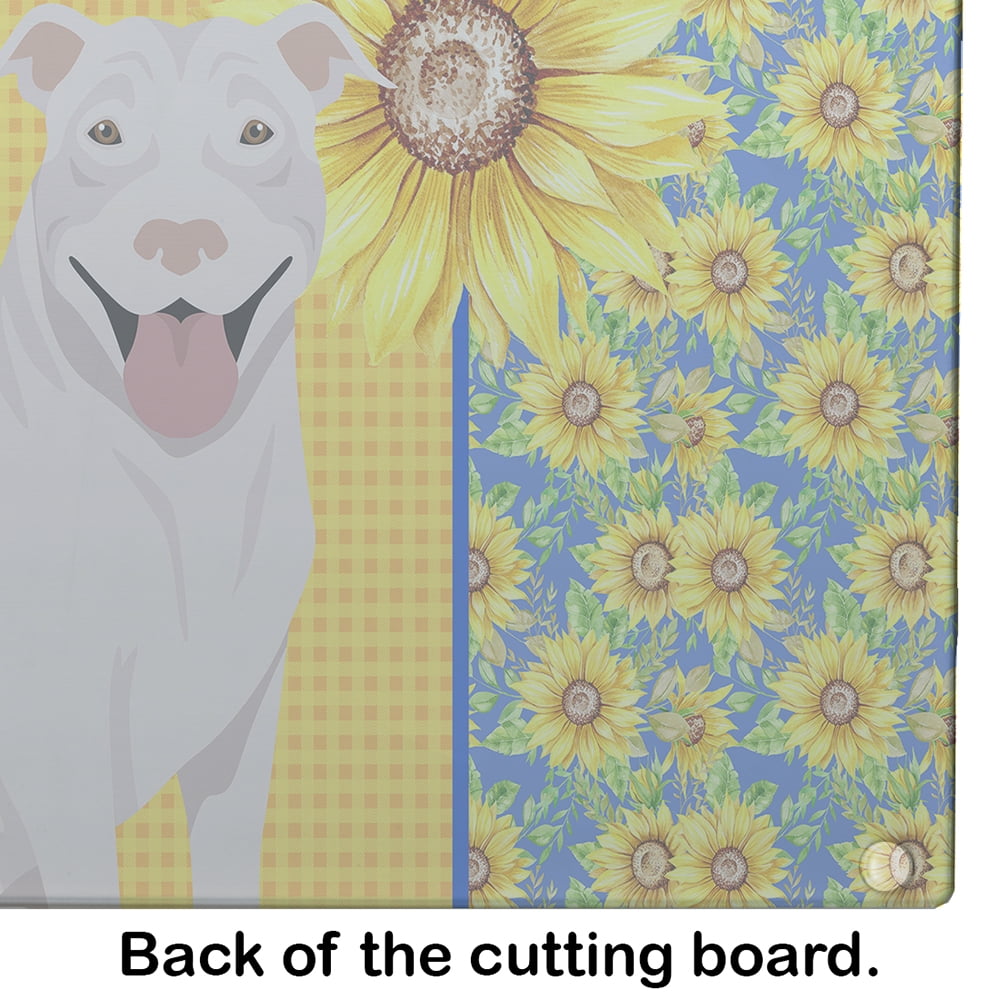 Summer Sunflowers White Pit Bull Terrier Glass Cutting Board Large 12 in x 15 in