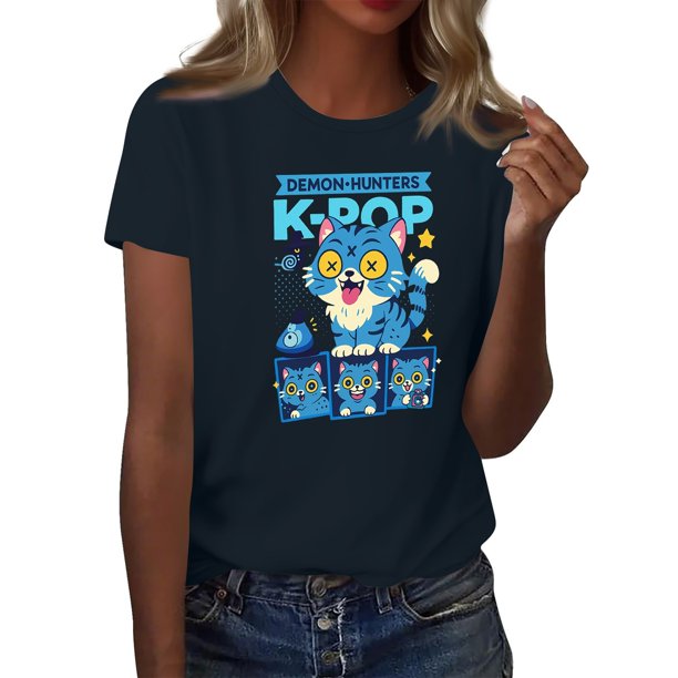 Pop cazadora para niña Demon Hunters Round-Neck Printed Anime Trio Poster T Shirt (Navy)