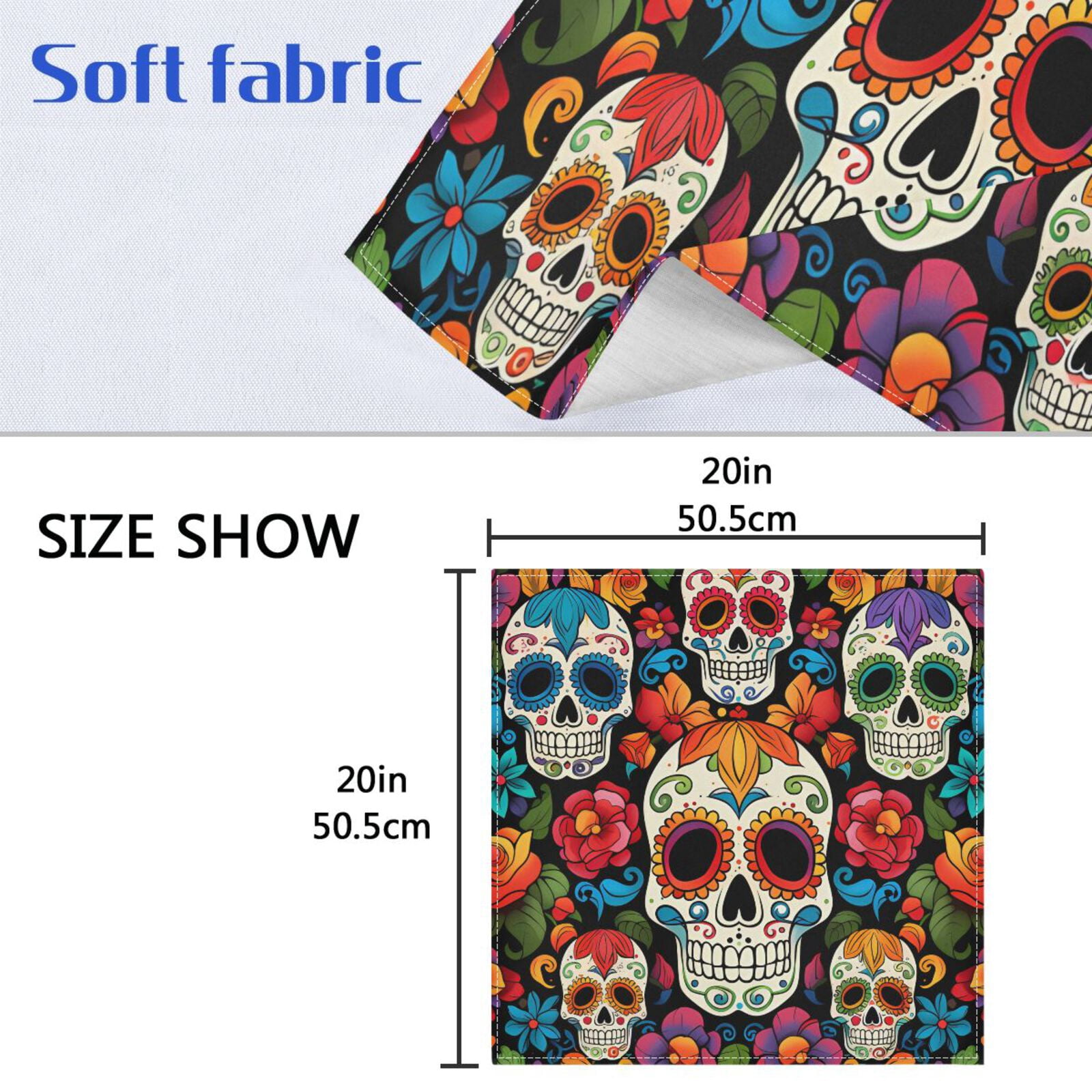 JSTEL Sugar Skull Floral Day Of Dead Cloth Napkins Set of 6, 20x20 Inch Washable and Reusable Napkin for Decoupage Dinner Party Everyday Use