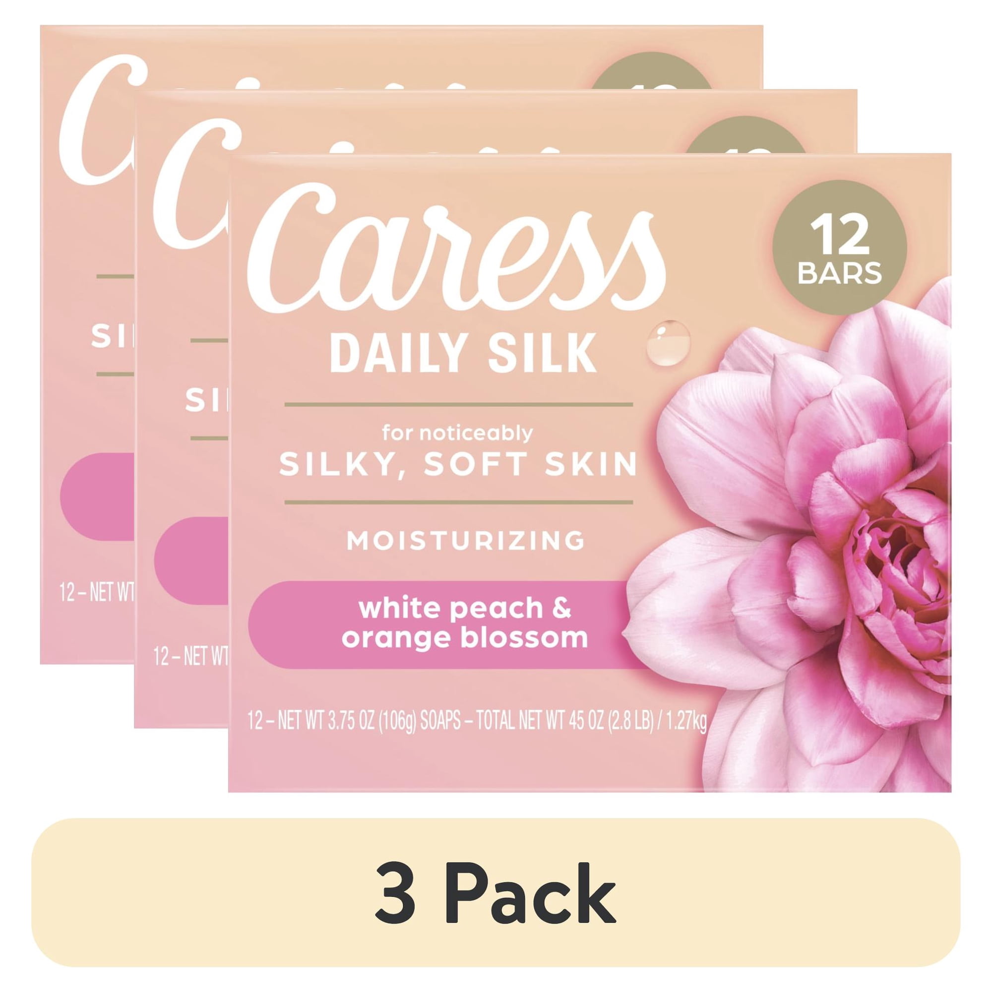 (3 pack) Caress Daily Silk Moisturizing Soap, White Peach & Orange Blossom, 3.75 oz 12 Bars