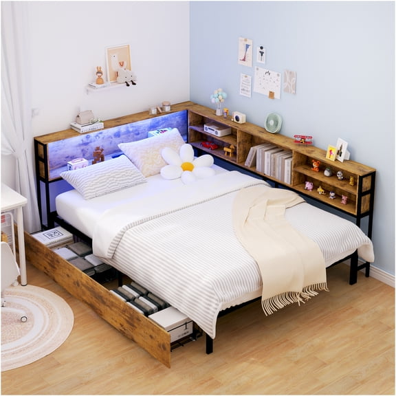 JERFIT Full Corner Daybed with Storage, LED Lights Charging Station, Brown Wood Metal Bed Frame with Bookcase Headboard and Underbed Drawers