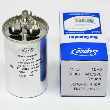 

Supco CD10+5X440R Supco CD10+5X440R HVAC Motor Round Dual Run Capacitor 10 + 5 MFD 440 Volts