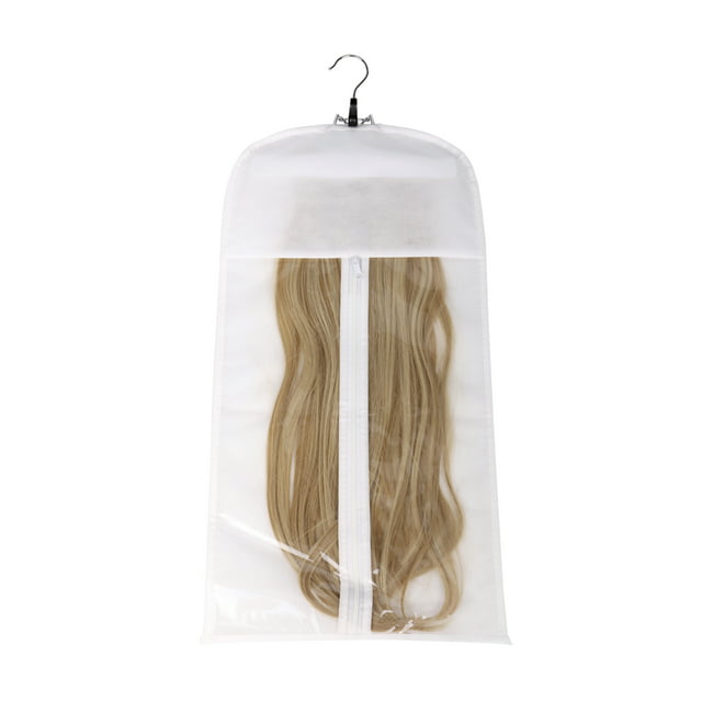 Hair Extensions Storage Bag With Wooden Hanger Holder Dust-Proof Wig Storage Bag Protection Carrier Case with Zipper for Travel and Daily Use