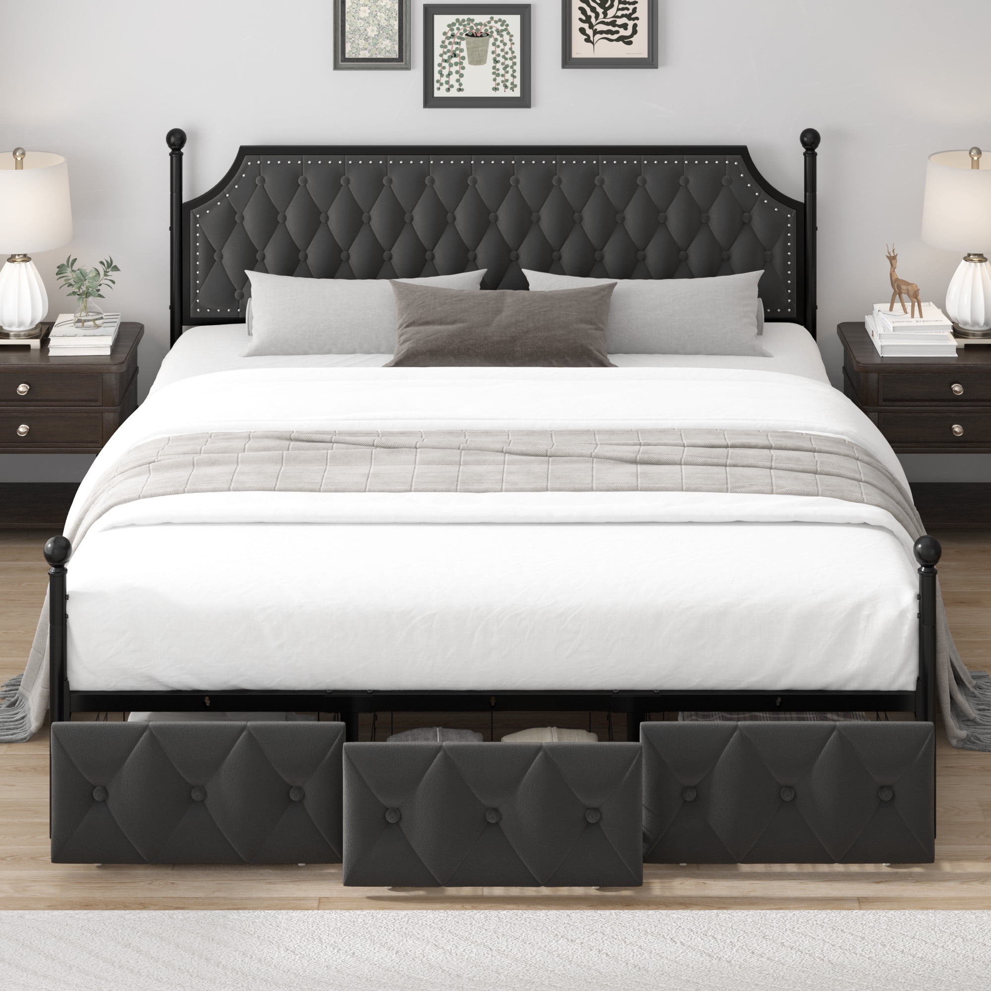 Homfa King Canopy Bed Frame for Bedroom with Drawer, Modern Platform Bed with Button Tufted Upholstered Headboard, Canopy Bed Curtain Not Included, Dark Gray