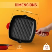 Nonstick Cast Iron Grill Pan - 11-Inch Kitchen Square Cast Iron Skillet Grilling Pan, Enameled Cast Iron Skillet Steak Pan w/ Side Drip Spout For Electric Stovetop, Induction, Gas - NutriChef NCCIES47