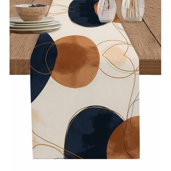 Brown Navy Blue Burlap Cotton Table Runner 13x60 Inches Long, Modern Abstract Art Geometric Farmhouse Table Runners, Outdoor Dining Tablecloths Decor for Baby Shower/Party/Wedding