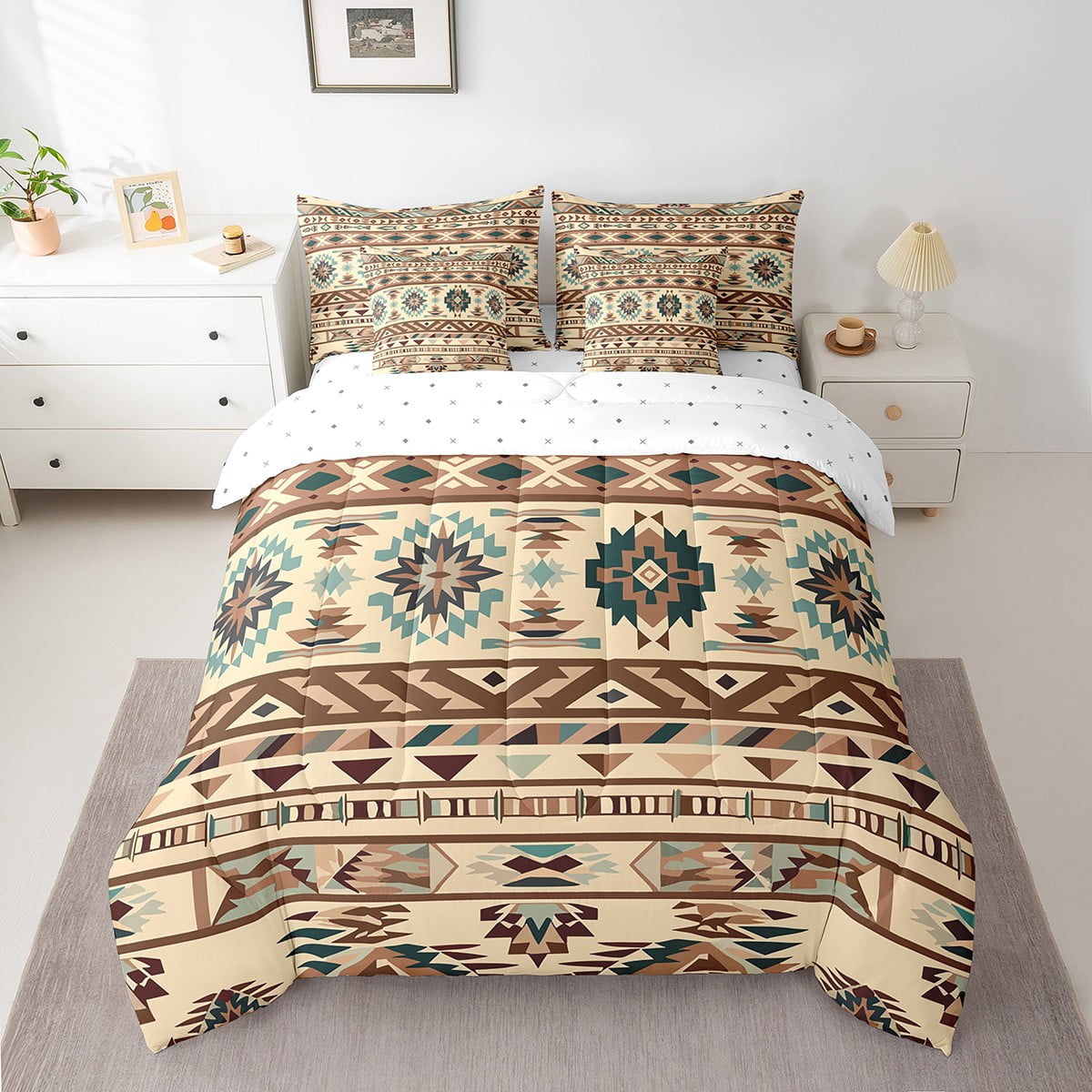 Erosebridal Western Comforter King Size Bed in a Bag 7 Pieces,Southwestern Bed Set with Comforter, Aztec Comforter Sets, Triangle Bed Set Vintage Stripes Western Home Decor