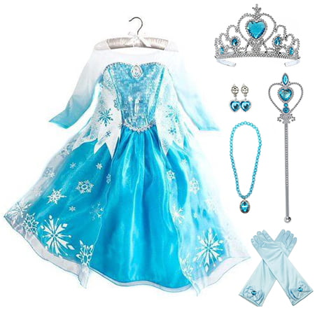 Frozen Elsa Dress Up Costume With Cosplay Accessories Crown Wand &