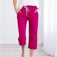 thumbnail image 2 of HAiming Cotton Linen Pants for Women Summer High Elastic Waist Drawstring Plus Size Casual Wide Leg Capris Trousers, 2 of 5