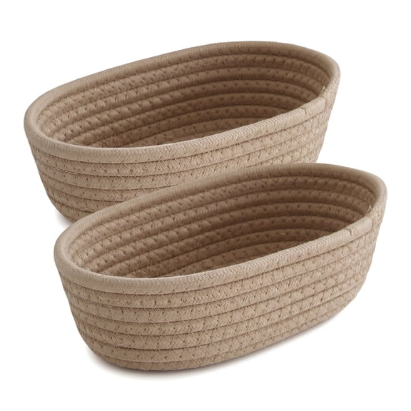 2Pack Small Storage Bins- Natural Cotton Rope Woven for Organizing , Small Baskets | Toy Basket | Cute Decorative Basket , Mini Oval Decorative Hampers for Empty Chest Box(Khaki)