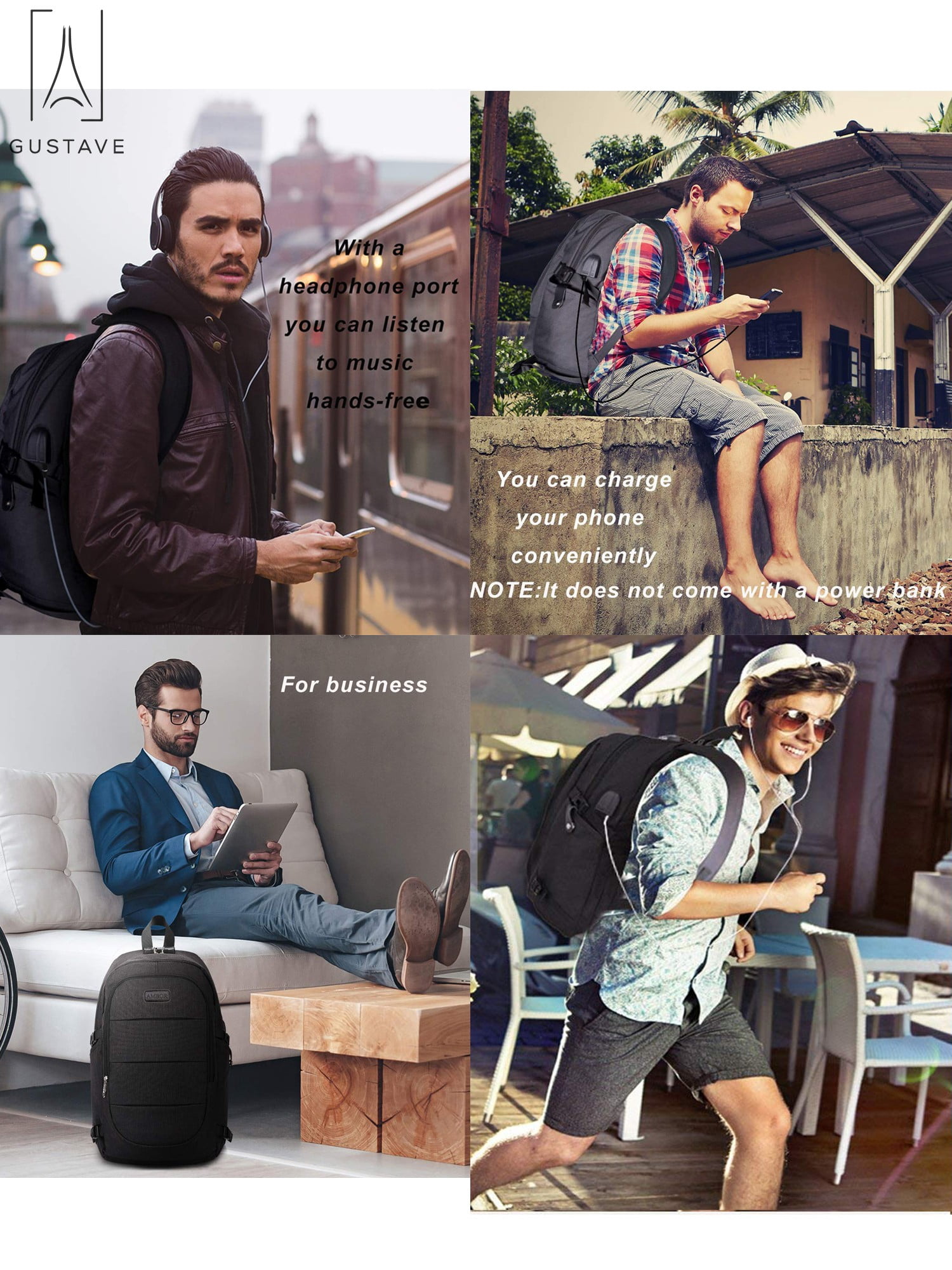 Gustave Laptop Backpack Water Resistant Anti-Theft College Backpack with USB Charging Port and Lock 17Inch Compurter Backpacks for Women Men, Casual Hiking Travel Daypack "Black"