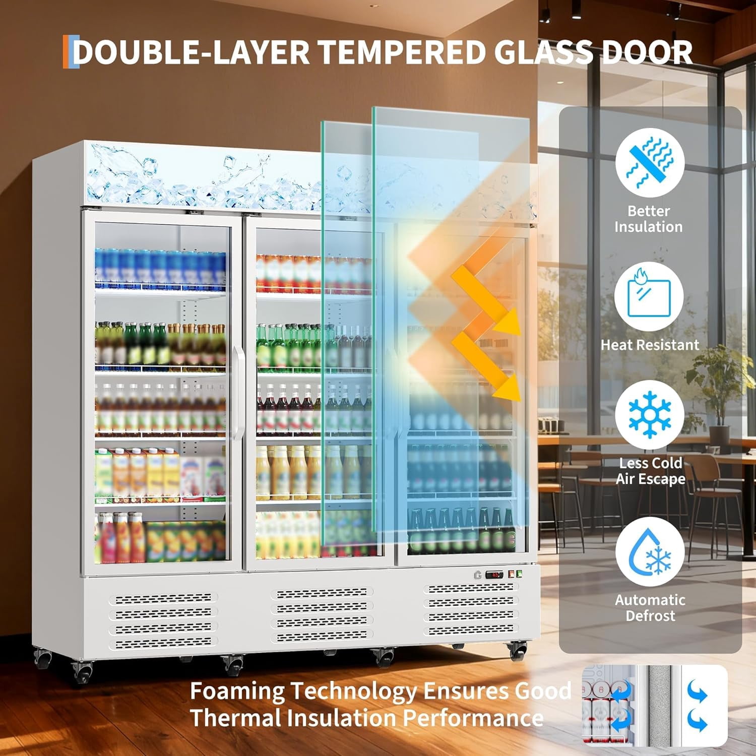 IdealHouse Commercial Refrigerator, Three Glass Door Display Beverage Fridge, 55 Cu ft Upright Beverage Cooler Merchandiser with Soft LED Light, Adjustable Shelves and Swivel Castors, Fast Cooling