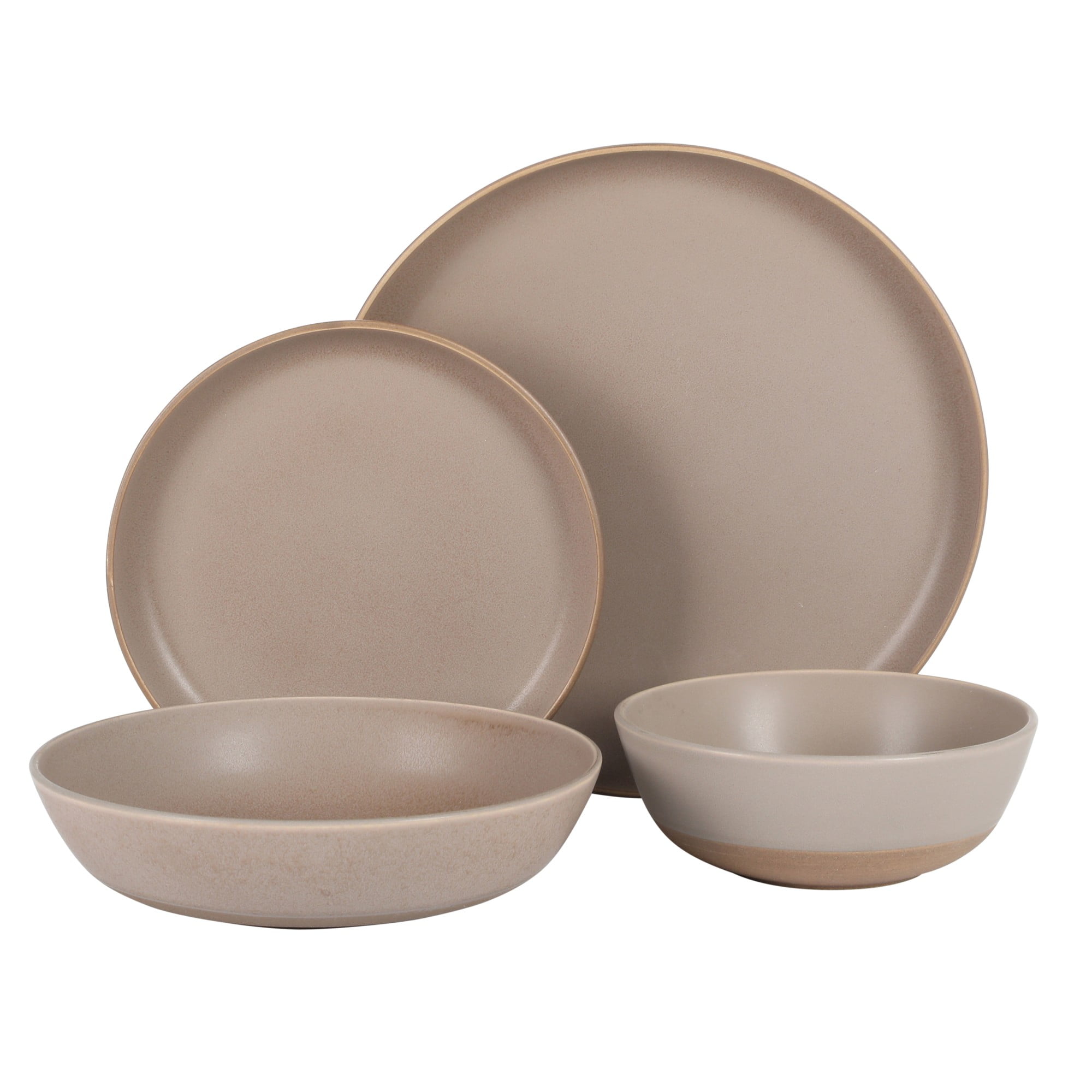 Gibson Elite Laguna Bliss 16 Piece Stoneware Reactive Glaze (Service for 4) Ceramic Plates and Bowls Dinnerware Set - Matte Beige-Gray W/ Terracotta Bottom