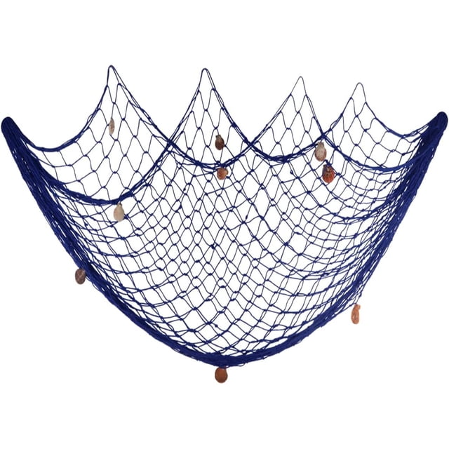 Decorative Fish Netting, Fishing Net Decor, 79 x 59inch Ocean Pirate Beach Theme Party Home Decorations, Mediterranean Style Decor Nautical Decorative Fish Net with Sea Shells, Color Blue
