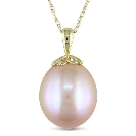 - 10k Yellow Gold Pink Cultured Freshwater Pearl Drop Necklace (11.5-12 mm)