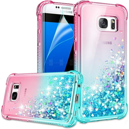 Gritup Samsung Galaxy S7 Edge Case, Samsung S7 Edge Case with HD Screen Protector, Girls Women Cute Gradient Liquid Glitter Bling Four-Corner Protective Soft TPU Case for Galaxy S7 Edge, Pink/Teal
