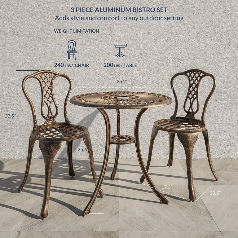Belleze 3PC Bistro Set Outdoor Patio Cast Aluminum Table and Chair Antique,  Bronze