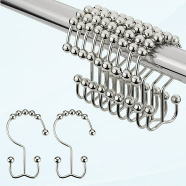 Shower Curtain Rings, Brushed Nickel Shower Curtain Hooks, 12Pcs Double Shower Curtain Hooks, Stainless Steel Shower Curtain Hooks for Bathroom Rods, Shower Hooks for Shower Curtain