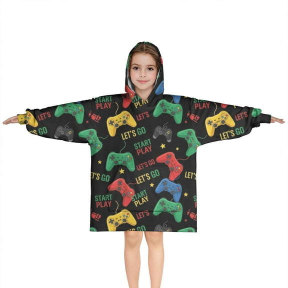 Colorful Controllers Games Icons Black Pattern Blanket Hoodies for Kids 6-13YR Oversize Wearable Blanket Hoodies for Boys Girls Teens